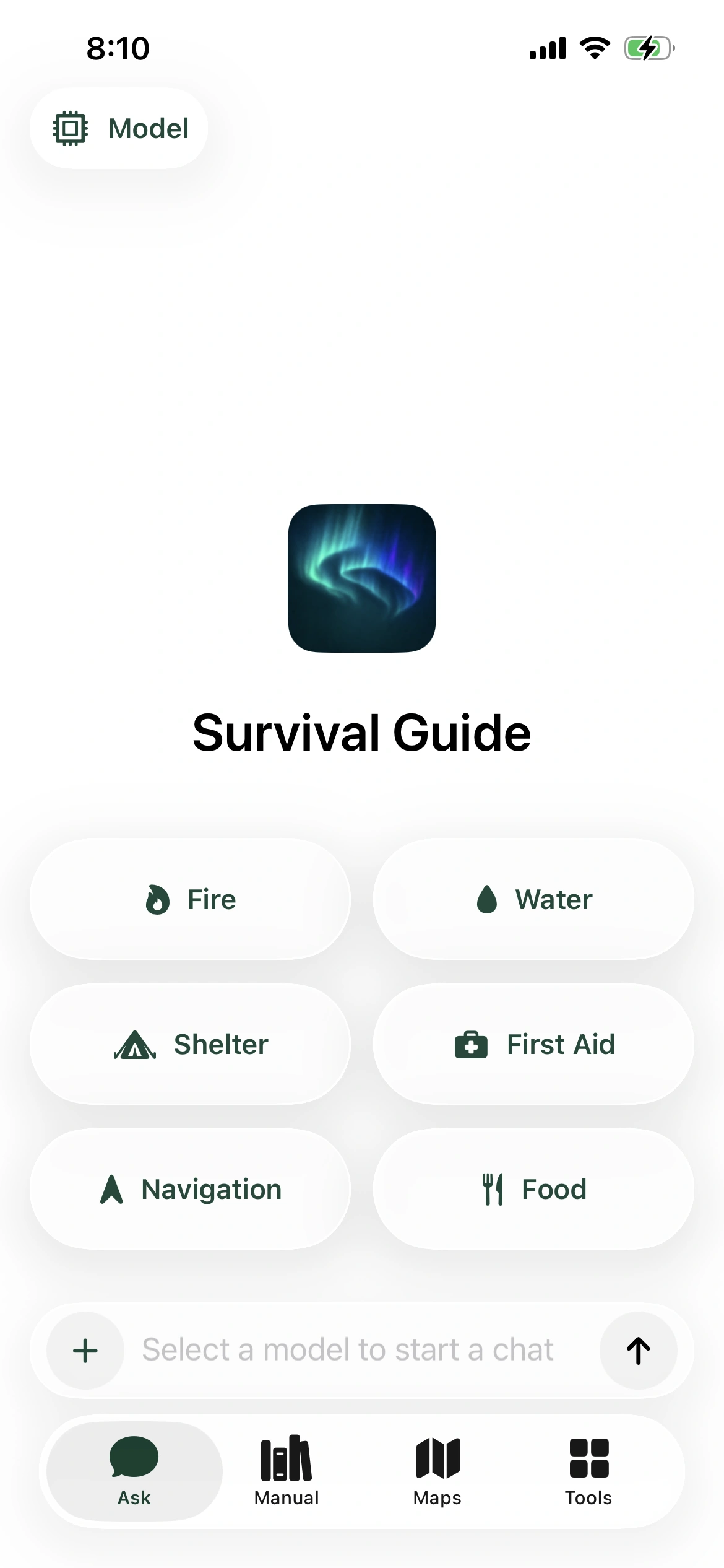 Aurora Survival running on an iPhone 13, showing the Ask home with fire, water, shelter, first aid, navigation, and food categories